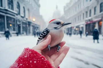 Snowy urban setting features a woodpecker perched on a hand