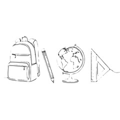 School supplies sketch including backpack, globe, pencil, and ruler  