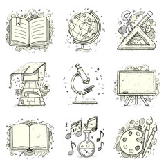 Educational icons depicting learning tools and subjects in doodle style  