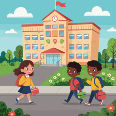 Children walking to school with backpacks in a sunny outdoor setting  
