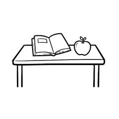 Open book and apple on wooden table in minimalist style  