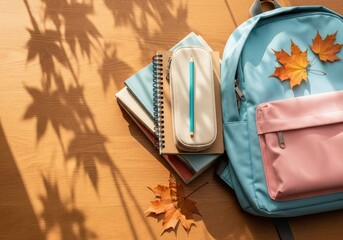 Fresh Start: New Backpack with School Supplies and Autumn Leaves