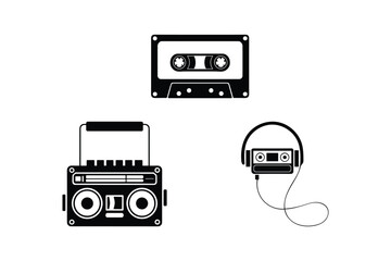 Obraz premium Vintage audio equipment cassette tape boombox and headphones music