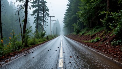 Rain soaked asphalt road extends through a foggy dense coniferous forest with tall utility poles