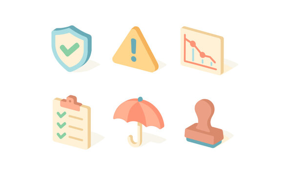 Isometric icons: security, alert, analytics, checklist, weather, approval
