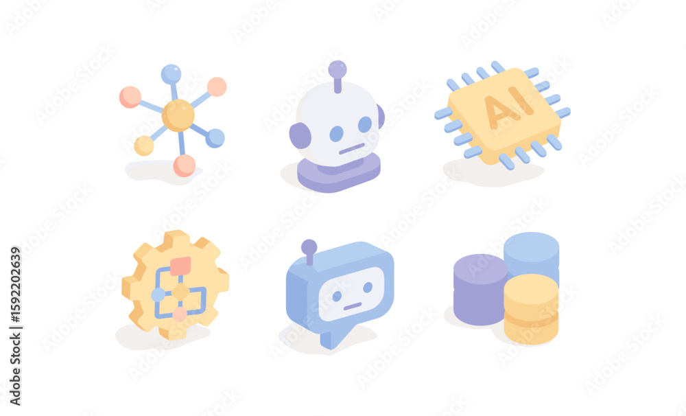 Poster isometric ai and technology icons featuring robot, neural network, and data structures