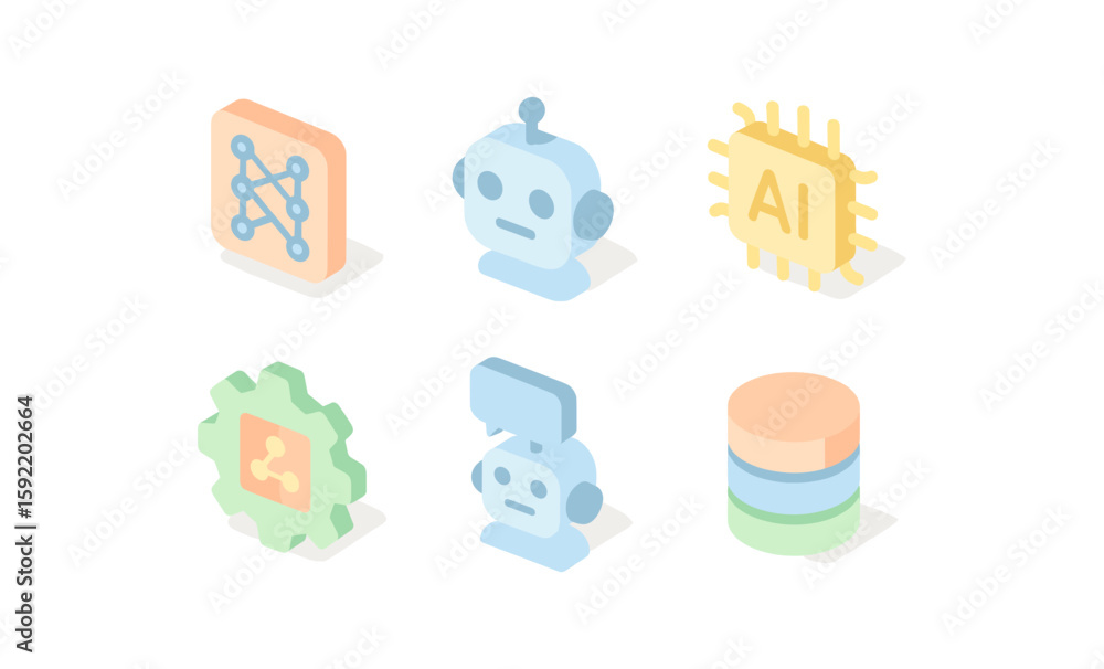 Poster isometric icons set featuring ai, robots, and technology elements