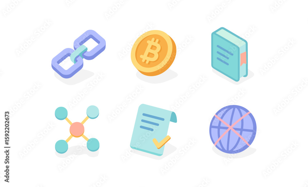 Poster modern isometric digital icons featuring blockchain, cryptocurrency, data, and networking elements