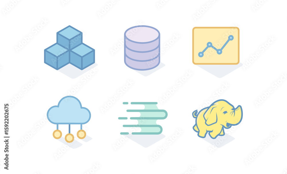 Poster technology icons set featuring cloud computing, data storage, and analytics in a modern flat design