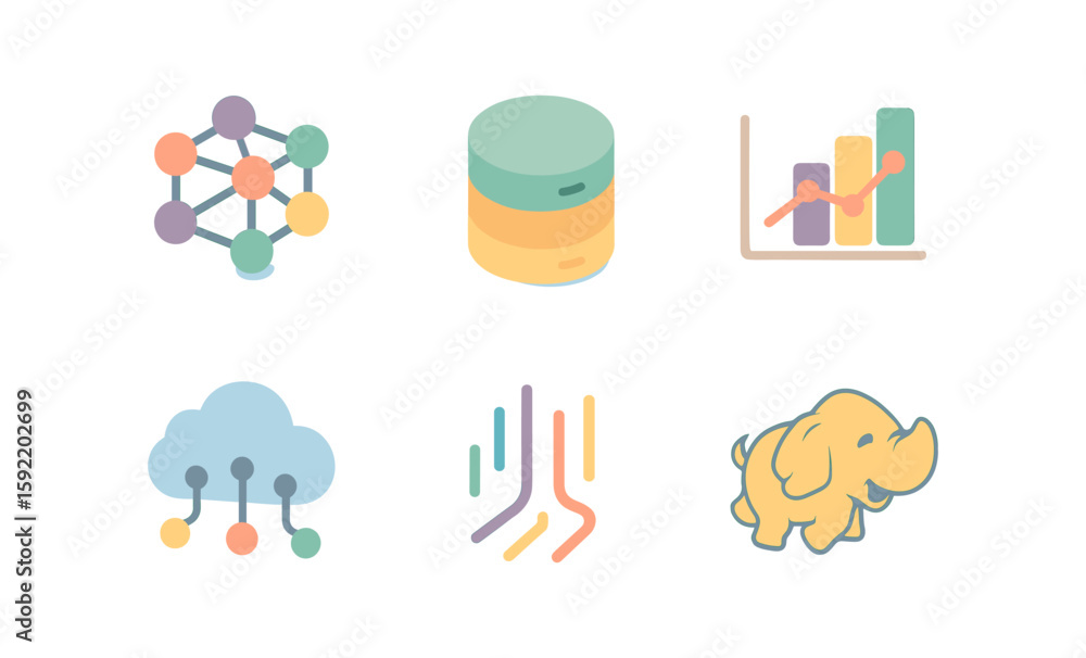 Poster pastel technology icons set: cloud, data, and graph symbols in soft colors