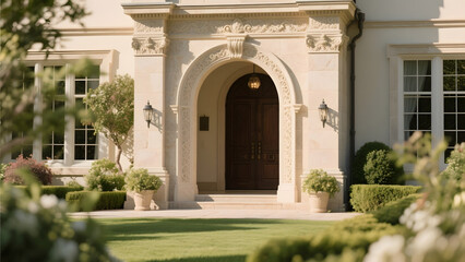 Elegant Mansion Entrance with Arched Doorway and Lush Gardens