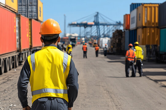 Workers manage container organization in busy warehouse area