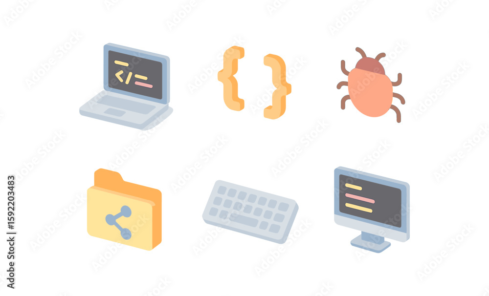 Poster isometric coding icons: laptop, code, bug, folder, keyboard, monitor for tech design