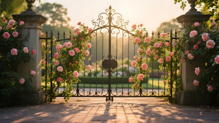 Elegant wrought iron gate adorned with climbing roses, set against a serene garden backdrop at sunrise.
