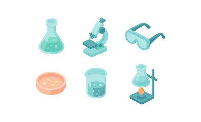 Fototapeta premium Isometric lab equipment icons: microscope, beaker, goggles, petri dish, flask set