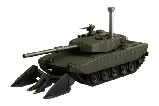 Main battle tank featuring a snorkel attachment and mine plow at the front