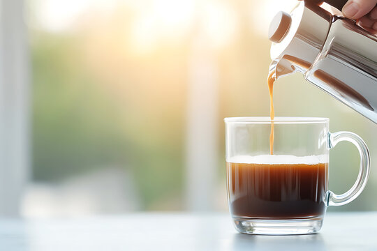 Pouring fresh coffee into a glass mug on a bright morning, creating a warm and inviting atmosphere. Start the day with a perfect cup of joe.
