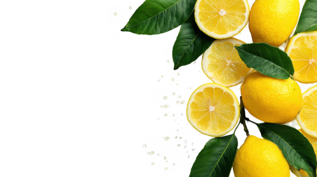 Citrus Fresh Lemon whole and Slices with leaf  Border on transparent background