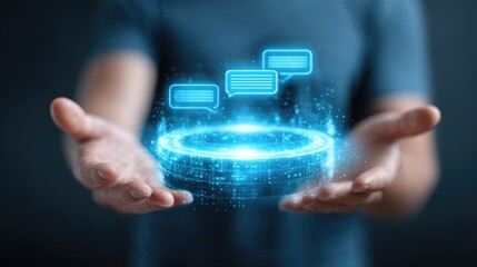 Person Holding Glowing Blue Holographic Communication Interface