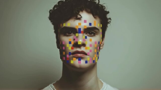 Video of man with curly hair and digital pixel distortion effect on face. Visual glitch art concept. Cybersecurity and identity protection theme. Digitally altered portrait.