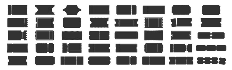 Blank ticket template set. Concert, movie, lottery and boarding coupon mockups. Collection of vintage tickets and realistic shapes on a transparent background.