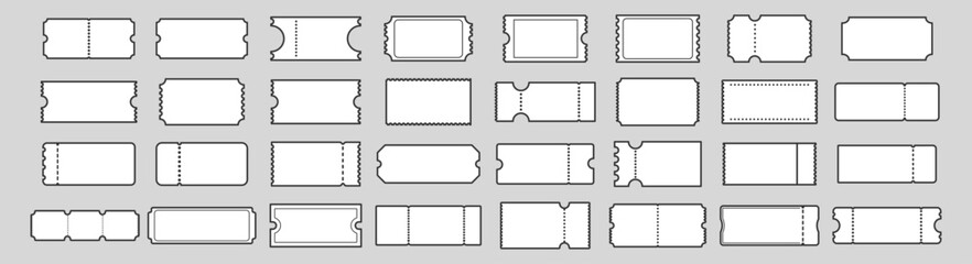 Blank ticket outline set. Collection of empty ticket shapes with perforated edges in minimal linear style for event, cinema or lottery designs