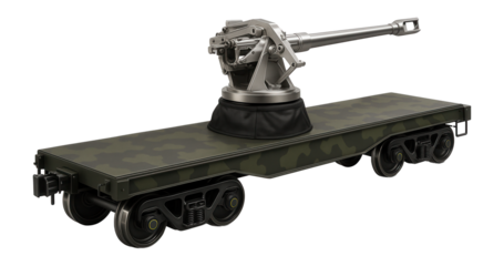 Turret-equipped railcar with camouflage paint and rotating gun mount