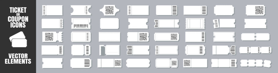 Blank ticket set with barcode and QR code. Collection of empty ticket templates with perforated edges in various shapes for event, cinema or travel use