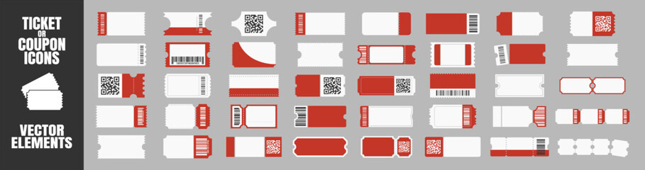 Red and white ticket icon set. Vector coupon templates with barcode, QR code, and blank areas for event, cinema, concert, or promotion use