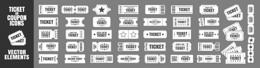 Ticket icon collection. Admit one coupon set for cinema, concert, theater, event, or party. Vintage and modern ticket designs with stars and labels