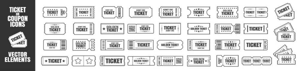 Ticket icon set. Admit one coupon collection for cinema, concert, movie, theater, event, or festival. Vintage and modern ticket vector templates on a transparent background.