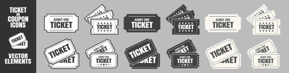 Admit one ticket icon set. Vintage and modern event ticket designs with stars and borders. Entry coupon template for cinema, party, or concert