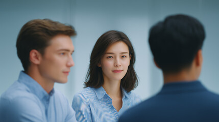 A focused young businesswoman in a striped shirt makes eye contact with the viewer while seated between two male colleagues in a professional setting.