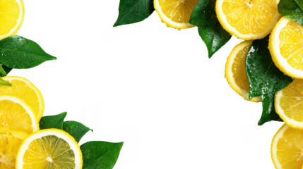 Citrus Fresh Lemon whole and Slices with leaf  Border on transparent background