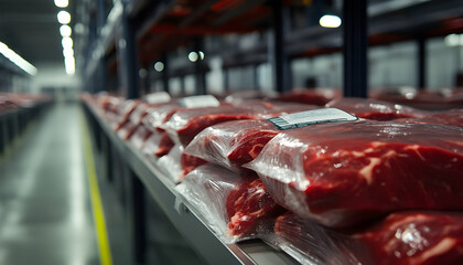 Obraz premium Vacuum packed beef in cold storage awaiting distribution in industrial food preservation warehouse