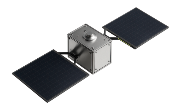 Weather satellite with a rectangular frame and large, flat solar panels on top