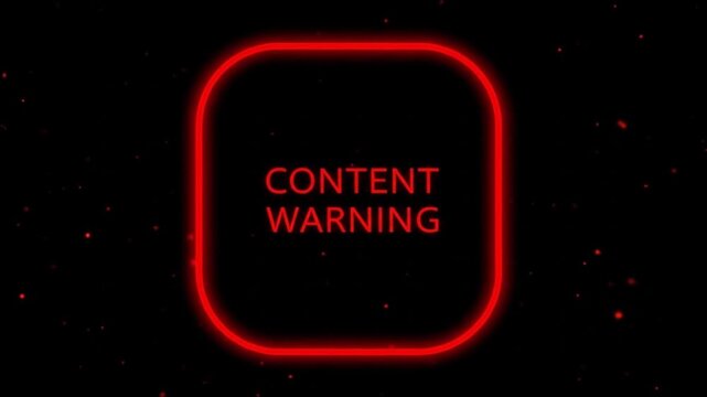 Content Warning Message in Red Neon Square on Dark Digital Background &ndash; Abstract Advisory Screen with Glowing Frame and Particles