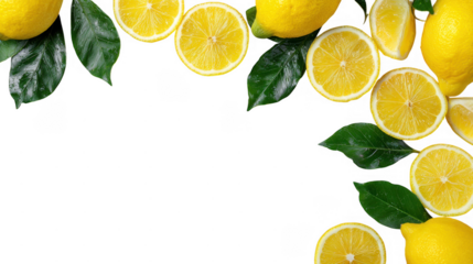 Citrus Fresh Lemon whole and Slices with leaf  Border on transparent background