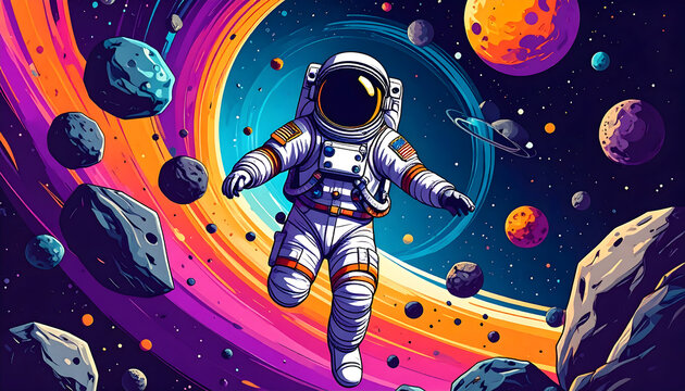 Pixel Art Astronaut Floating in Colorful Nebula