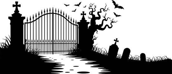 Spooky cemetery gate with bats and tombstones halloween
