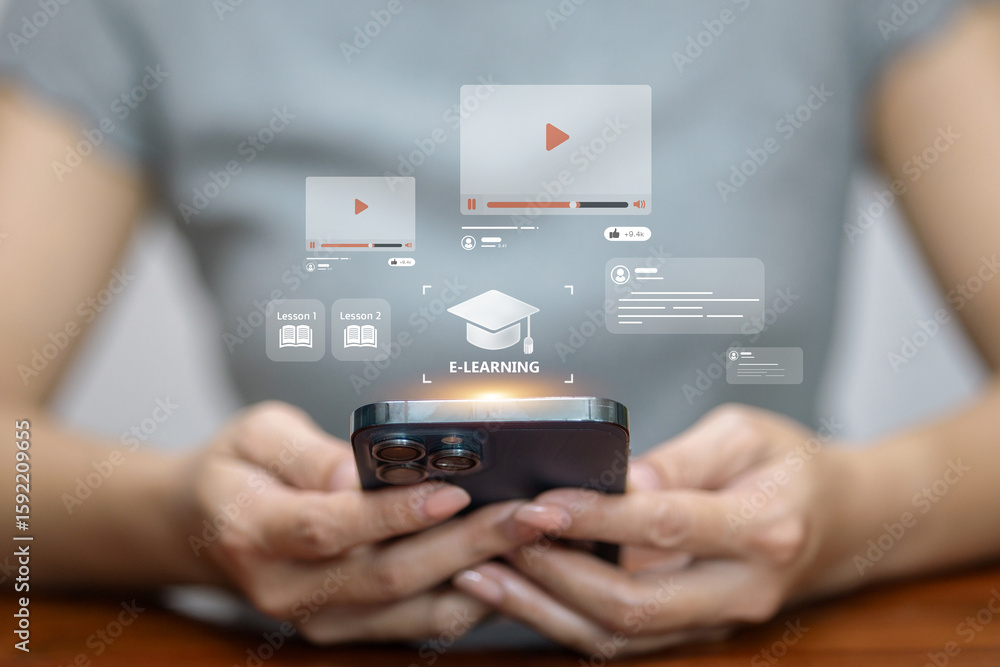 Poster e-learning mobile application interface with online lessons