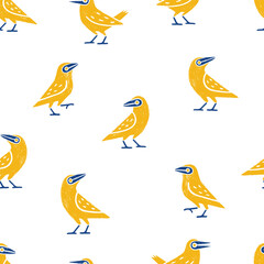 Seamless vector pattern with yellow birds in linocut style. EPS format is suitable for unlimited resizing and coloring.