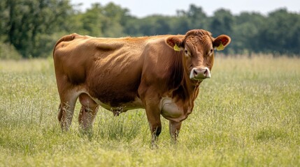 A Grass Eating Cow in a Green Landscape