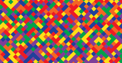 Dynamic composition showcasing an array of multicolored geometric shapes including squares and zigzag patterns in vibrant shades of blue, yellow, red, orange, green, and purple