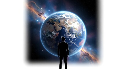 Illustration of man in silhouette contemplates planet earth in space