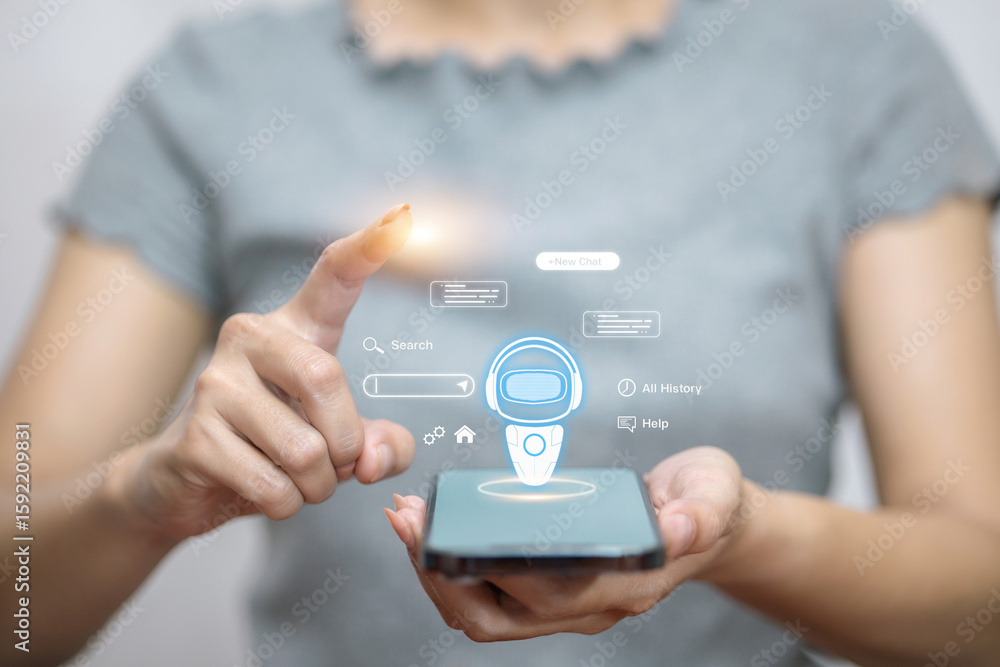 Poster chatbot interface on smartphone with woman using ai assistant