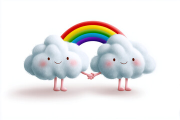 Cute vector of clouds holding hands with a rainbow, symbolizing happy friendships.
