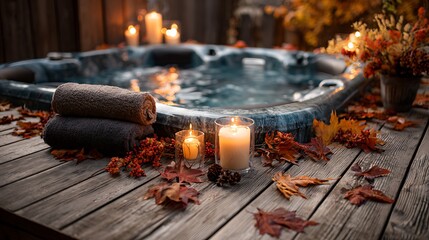Relaxing autumn spa scene with candles, towels, and fall leaves surrounding a hot tub. .