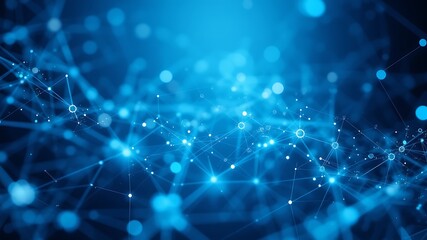 Photo of a glowing blue abstract network of interconnected nodes and lines represents digital technology