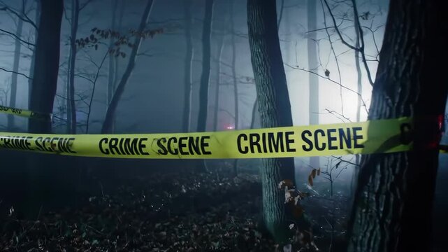 Crime Scene Tape Marking Evidence in Foggy Forest Atmosphere